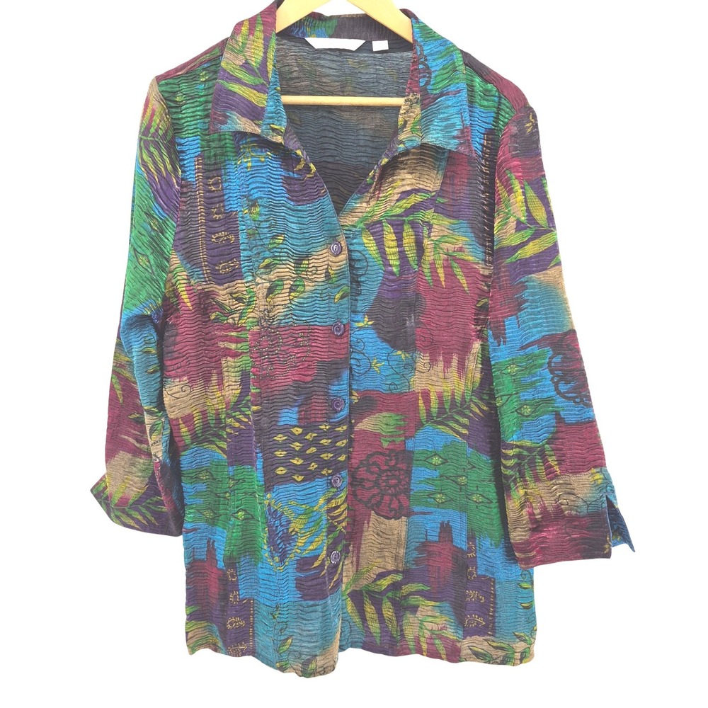 Erin London Womens Crinkle Patchwork Print Button Up Top Sz XL Artsy Boho NWT